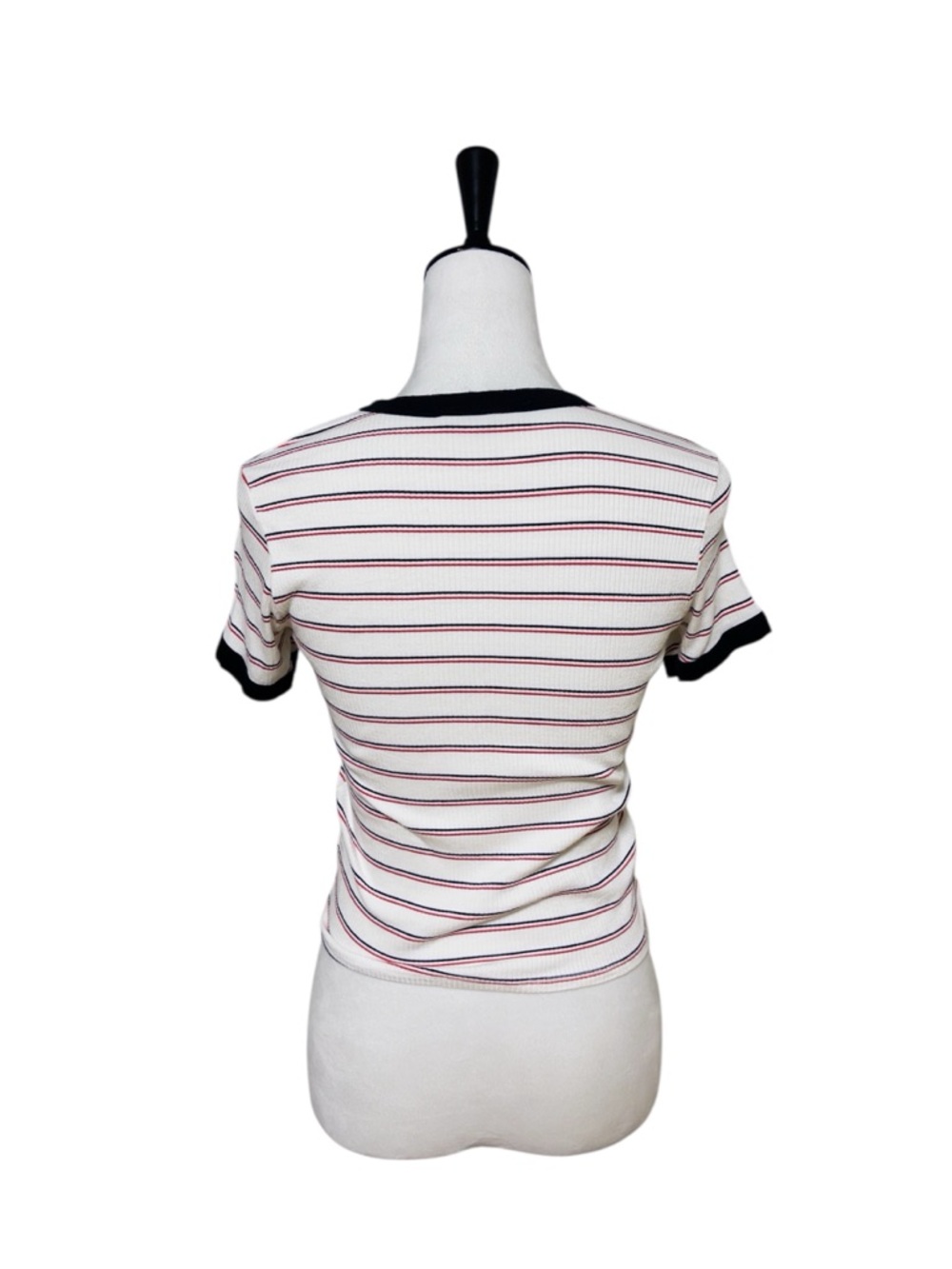 Striped Ringer Baby Tee Y2K Fitted Ribbed T-Shirt Retro Casual Top - Picture 4 of 10